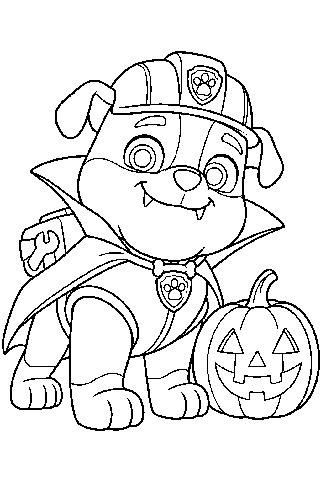 paw patrol rubble wearing a vampire costume beside a halloween jack o lantern line art
