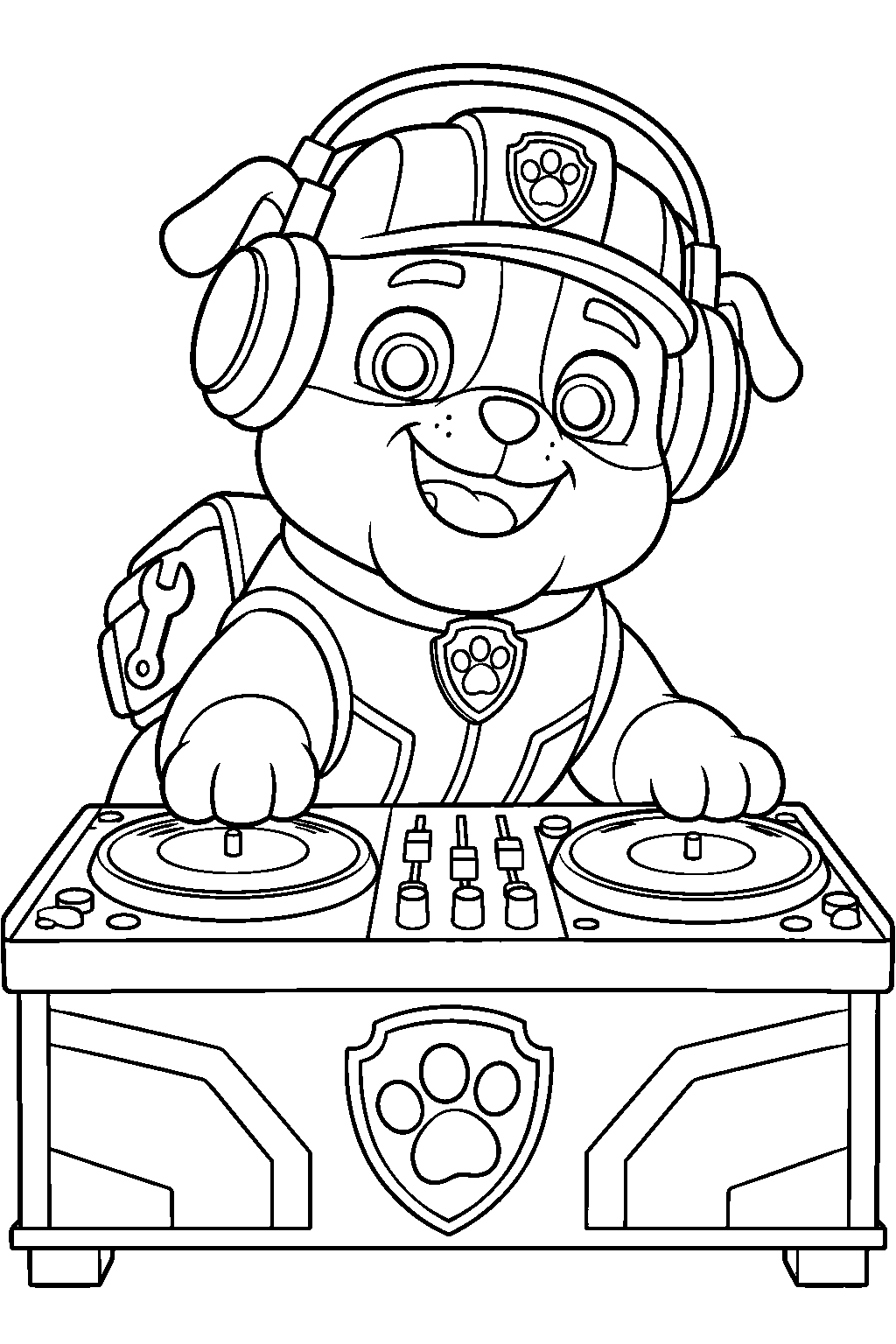 paw patrol rubble wearing headphones and mixing music at a dj booth line art