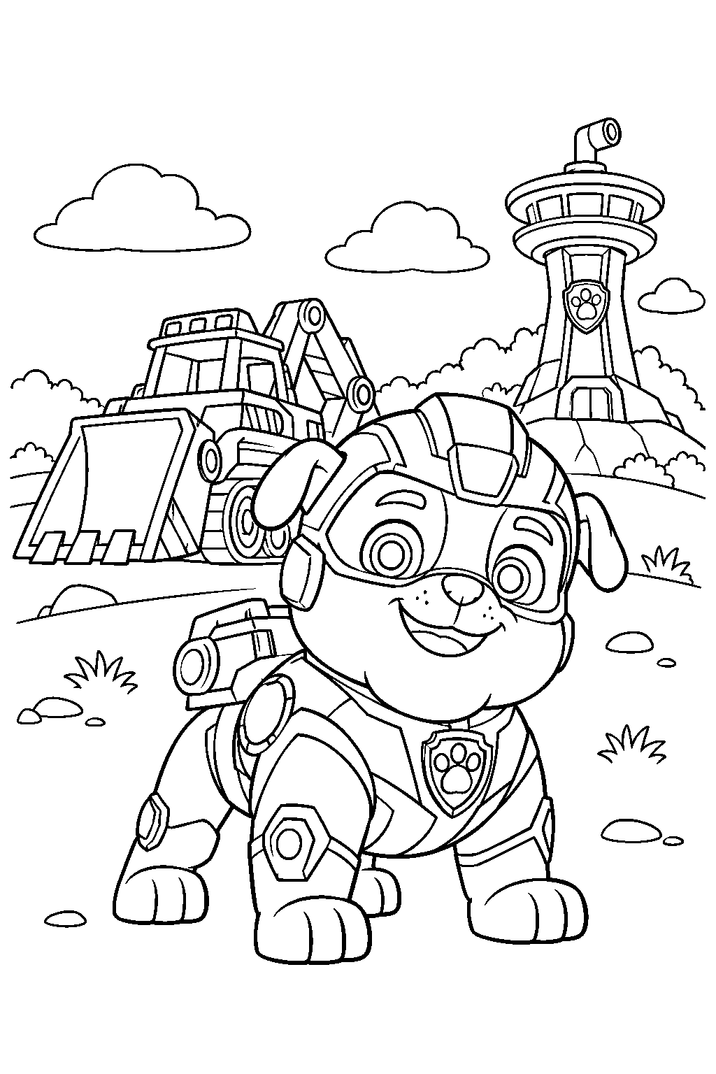 paw patrol rubble wearing his mighty pups superhero suit line art