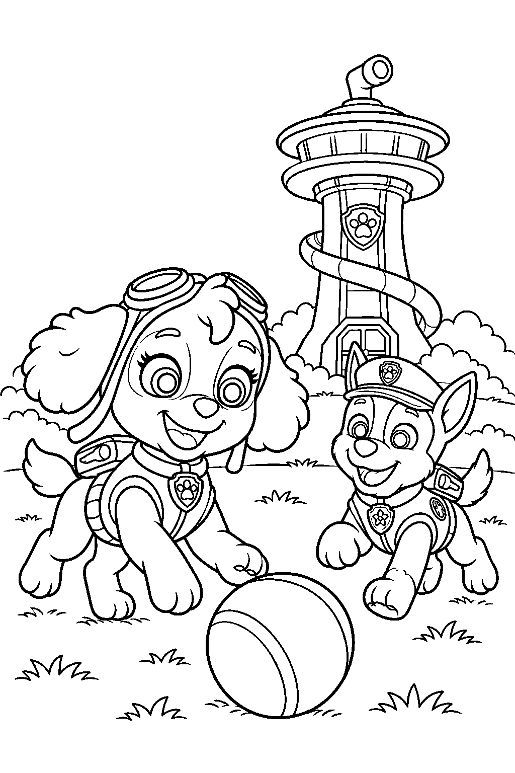 paw patrol skye and chase playing with a ball outside the lookout tower line art