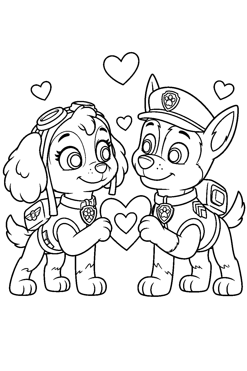 paw patrol skye and chase sharing a heart shaped friendship card on valentine s day line art