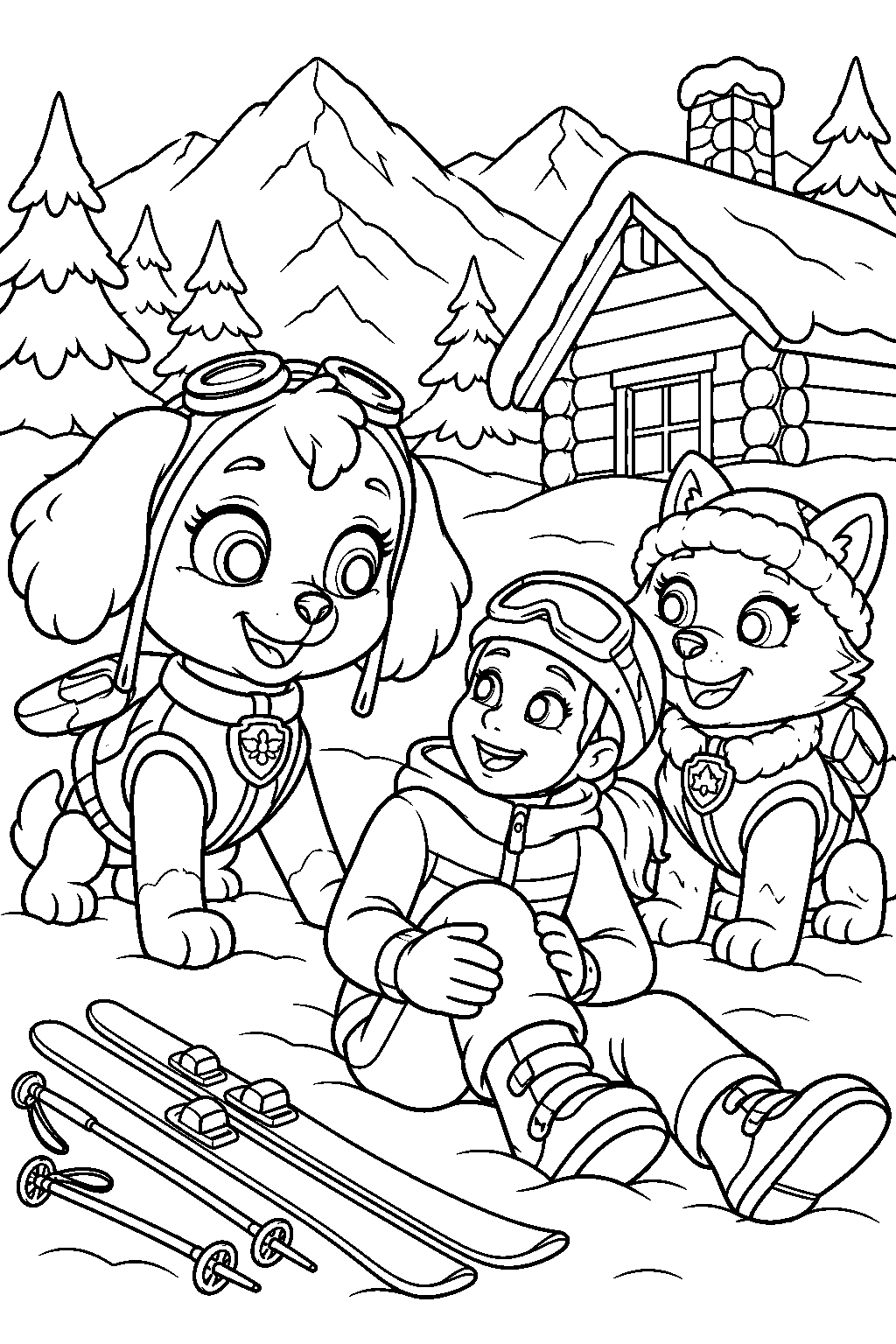 paw patrol skye and everest helping a lost skier beside a snowy mountain cabin line art