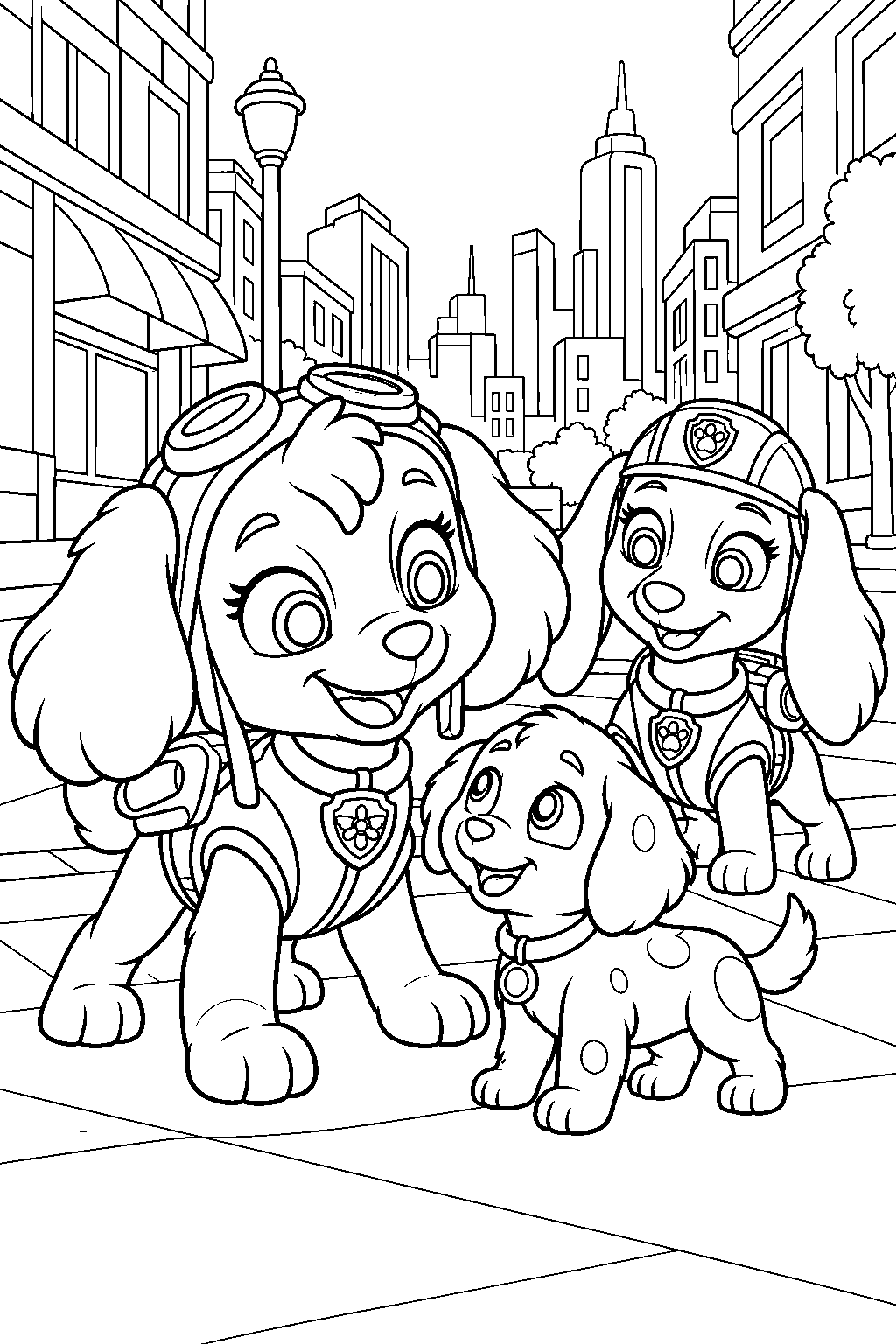 paw patrol skye and liberty searching an adventure city street for a lost puppy line art