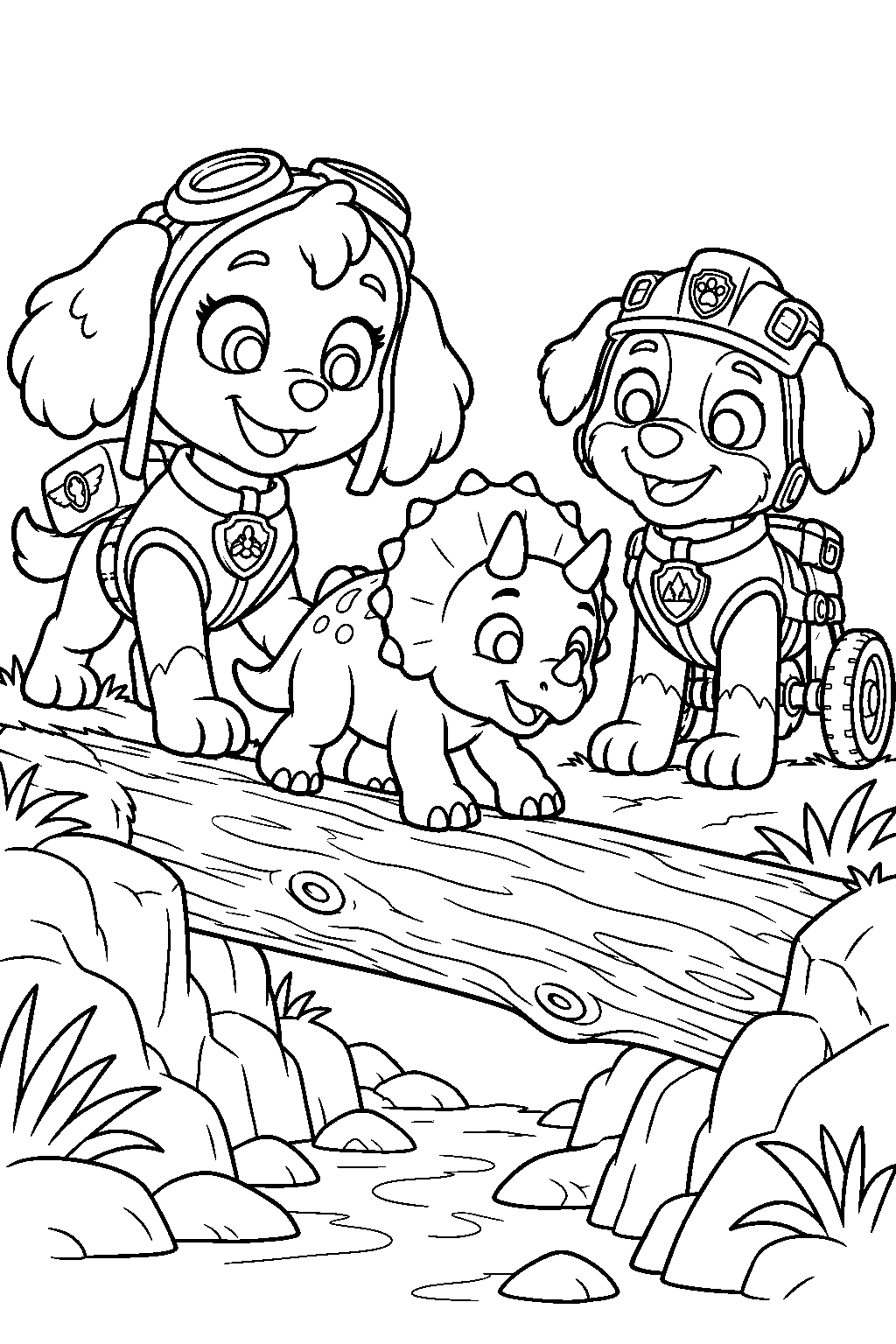 paw patrol skye and rex helping a baby dinosaur cross a fallen log line art