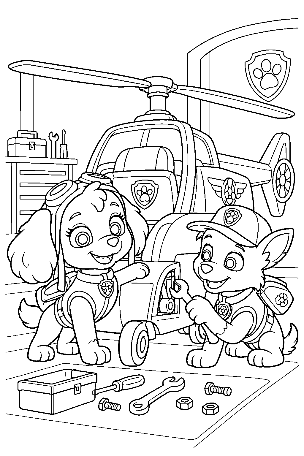 paw patrol skye and rocky repairing her helicopter in the lookout garage line art
