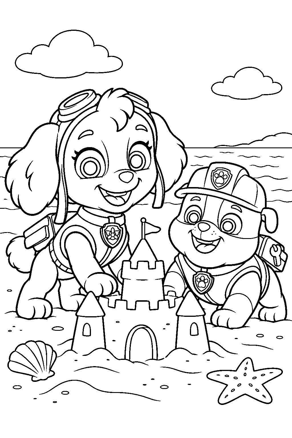 paw patrol skye and rubble building a sandcastle on adventure beach line art