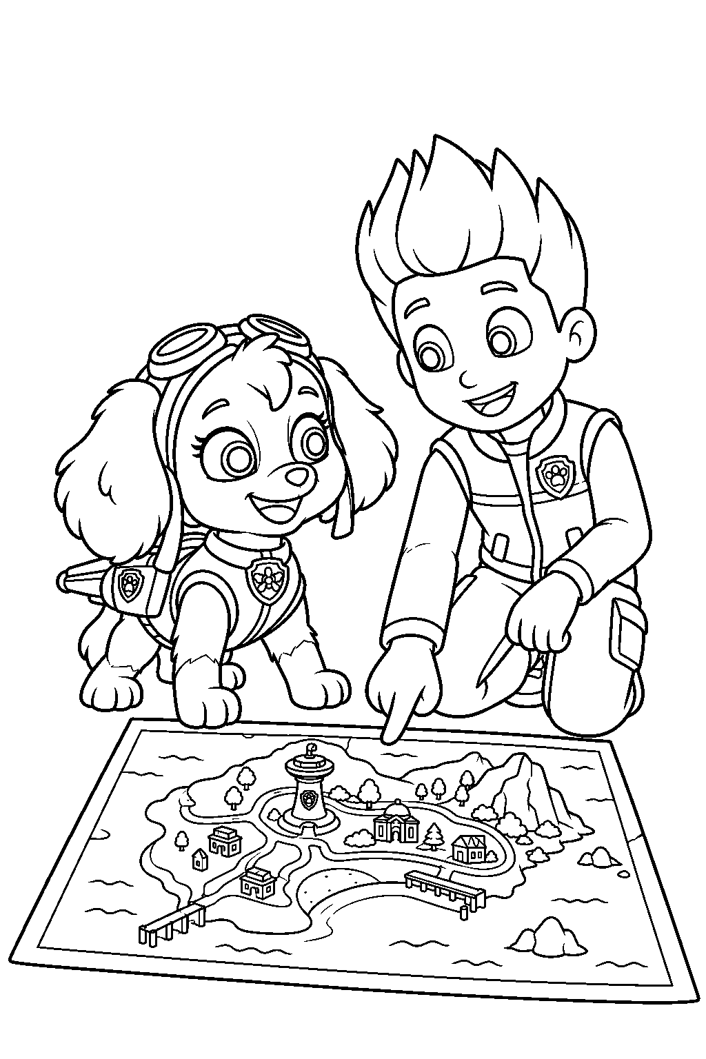 paw patrol skye and ryder planning a rescue beside a map of adventure bay line art