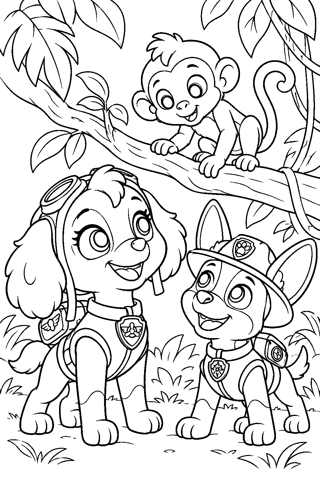 paw patrol skye and tracker helping a lost monkey in the jungle line art