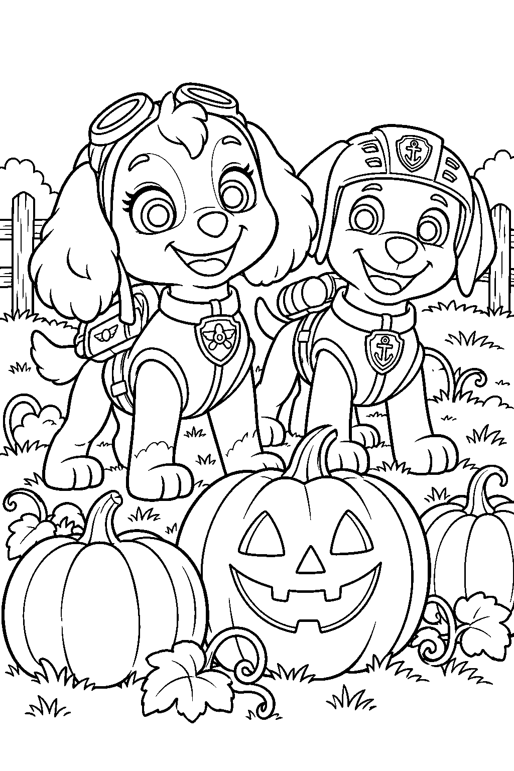 paw patrol skye and zuma exploring a halloween pumpkin patch line art