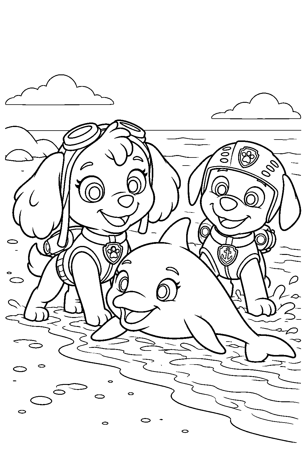 paw patrol skye and zuma guiding a stranded dolphin back into the sea line art