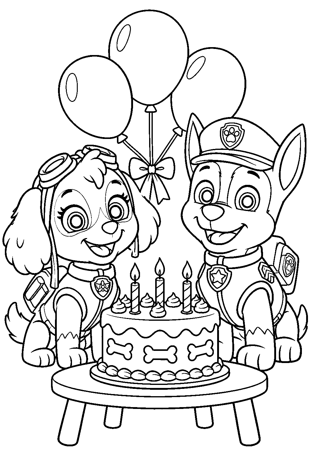 paw patrol skye celebrating her birthday with chase beside a cake and balloons line art