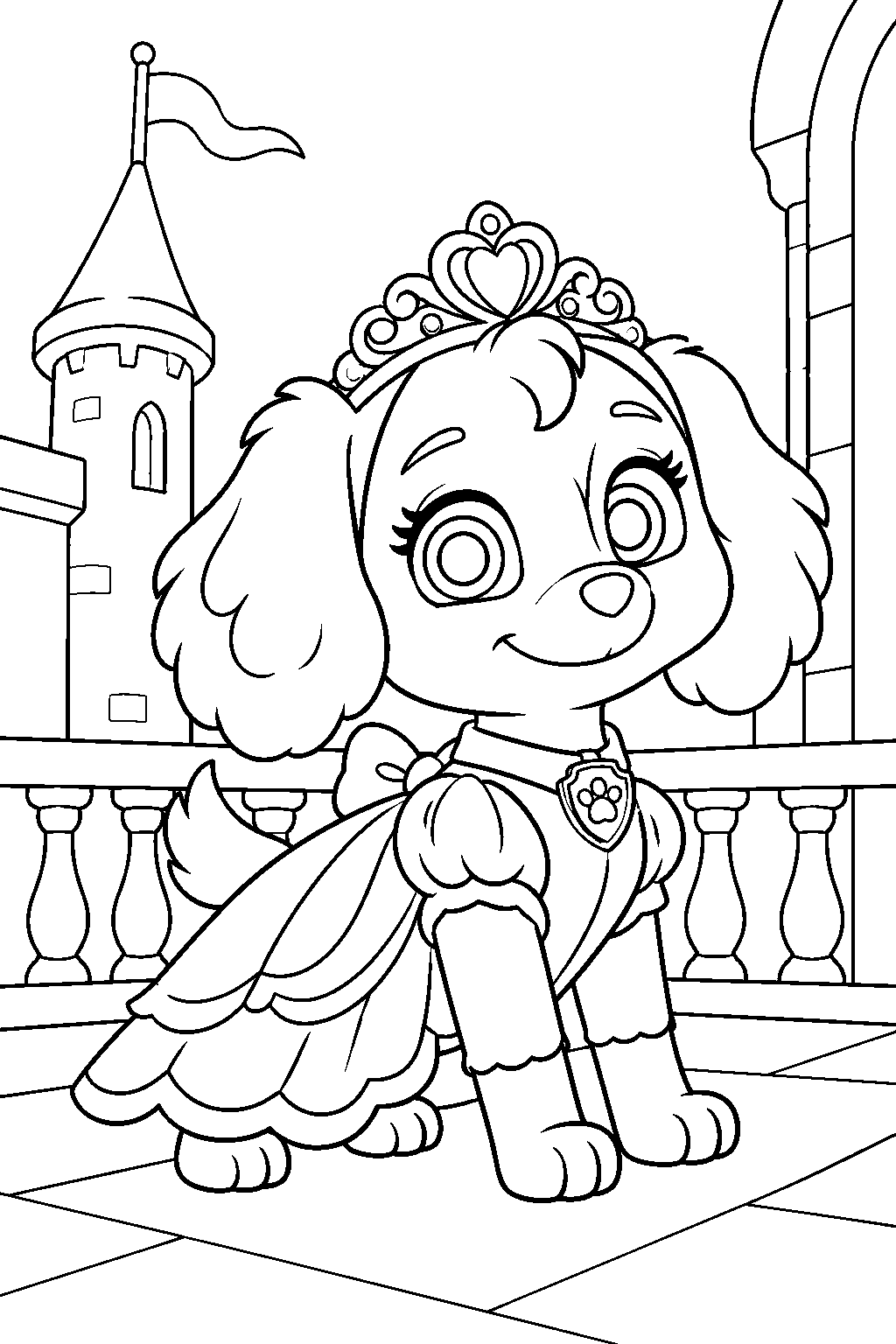 paw patrol skye dressed as a princess on a castle balcony line art
