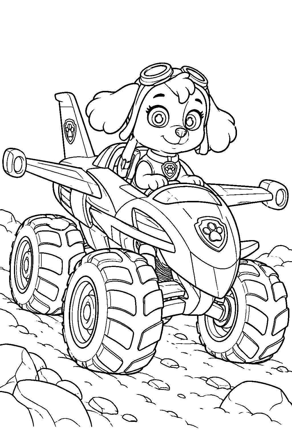 paw patrol skye driving her rescue wheels jet with oversized tires across a rocky trail line art