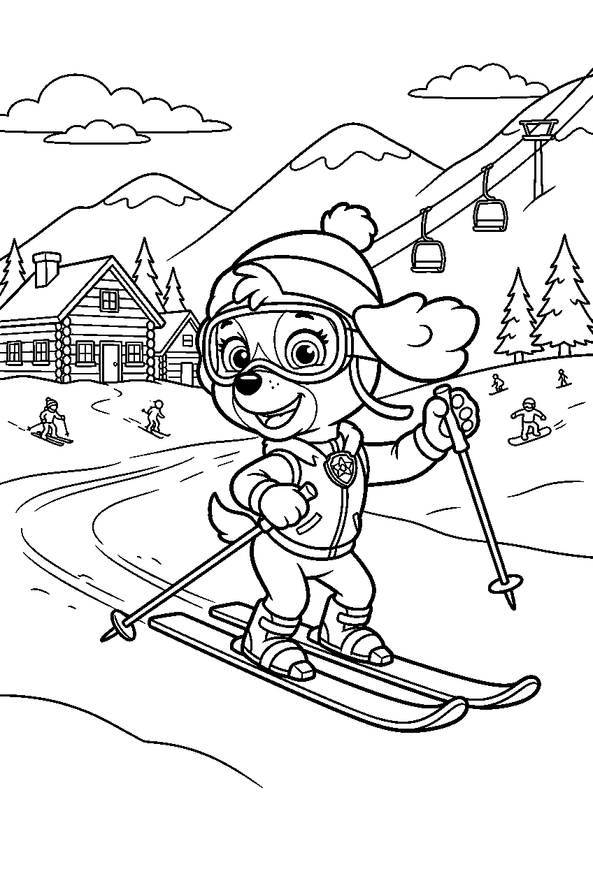 paw patrol skye exploring in ski resort line art