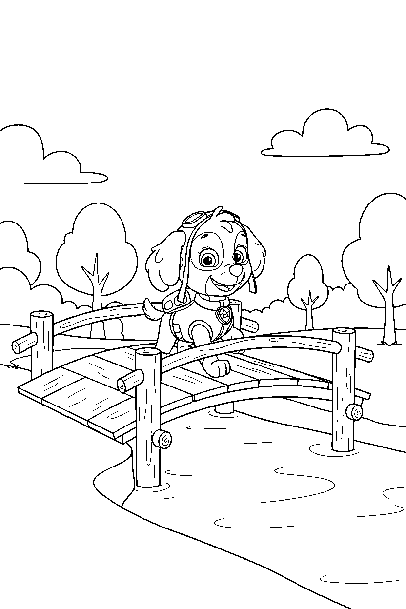 paw patrol skye exploring on wooden bridge line art