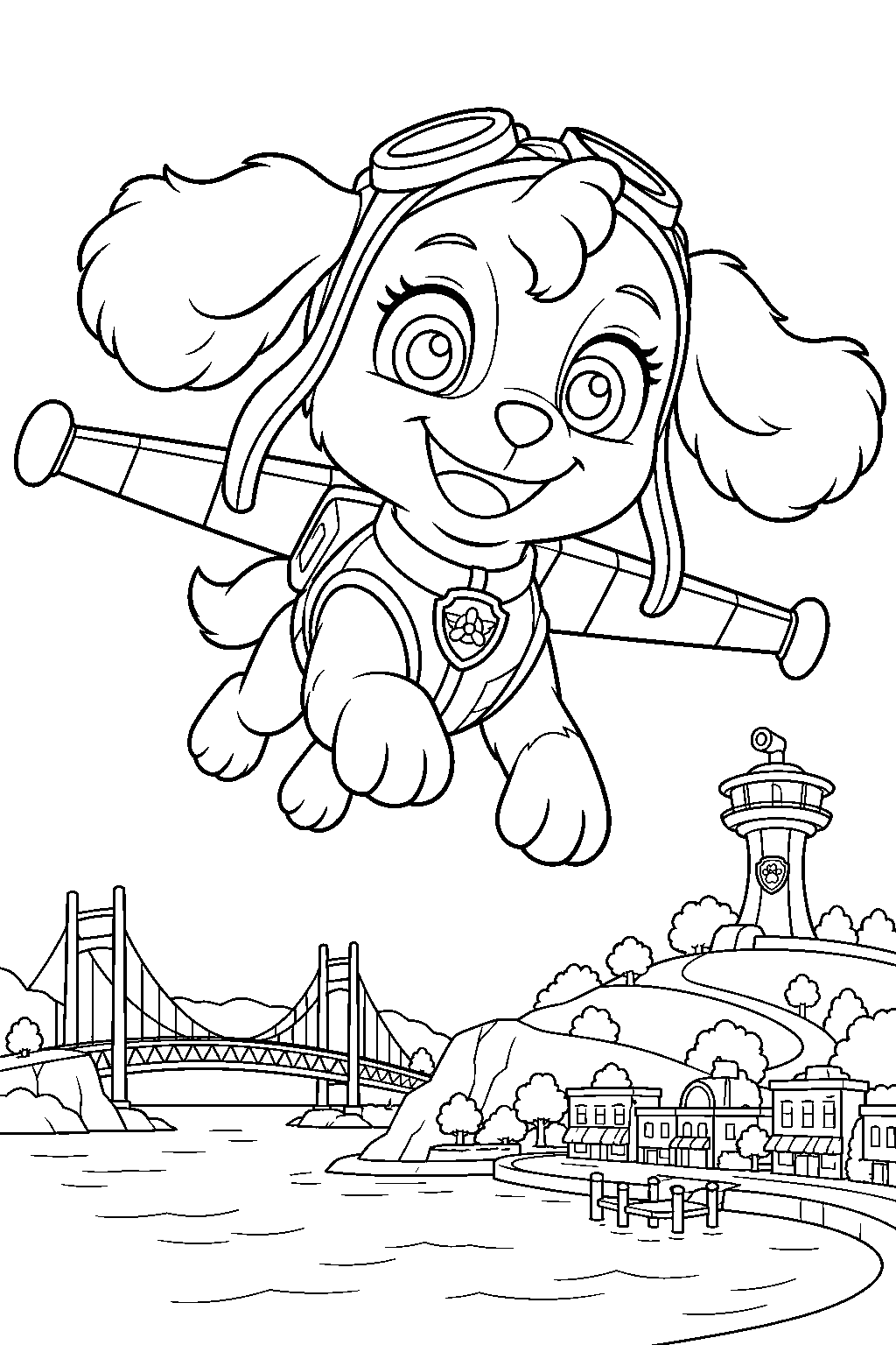 paw patrol skye flying over adventure bay with her pup pack wings line art