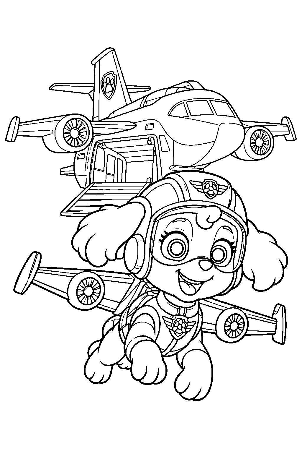 paw patrol skye in her air pups flight suit launching from the air patroller with her jet pack line art