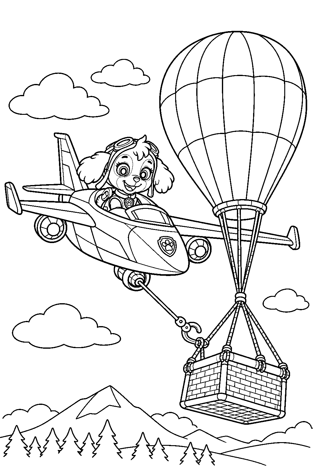 paw patrol skye in her air rescue jet catching a falling hot air balloon basket line art
