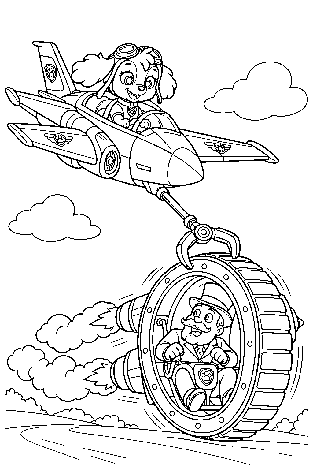 paw patrol skye in her air rescue jet stopping mayor humdinger s runaway rocket wheel line art