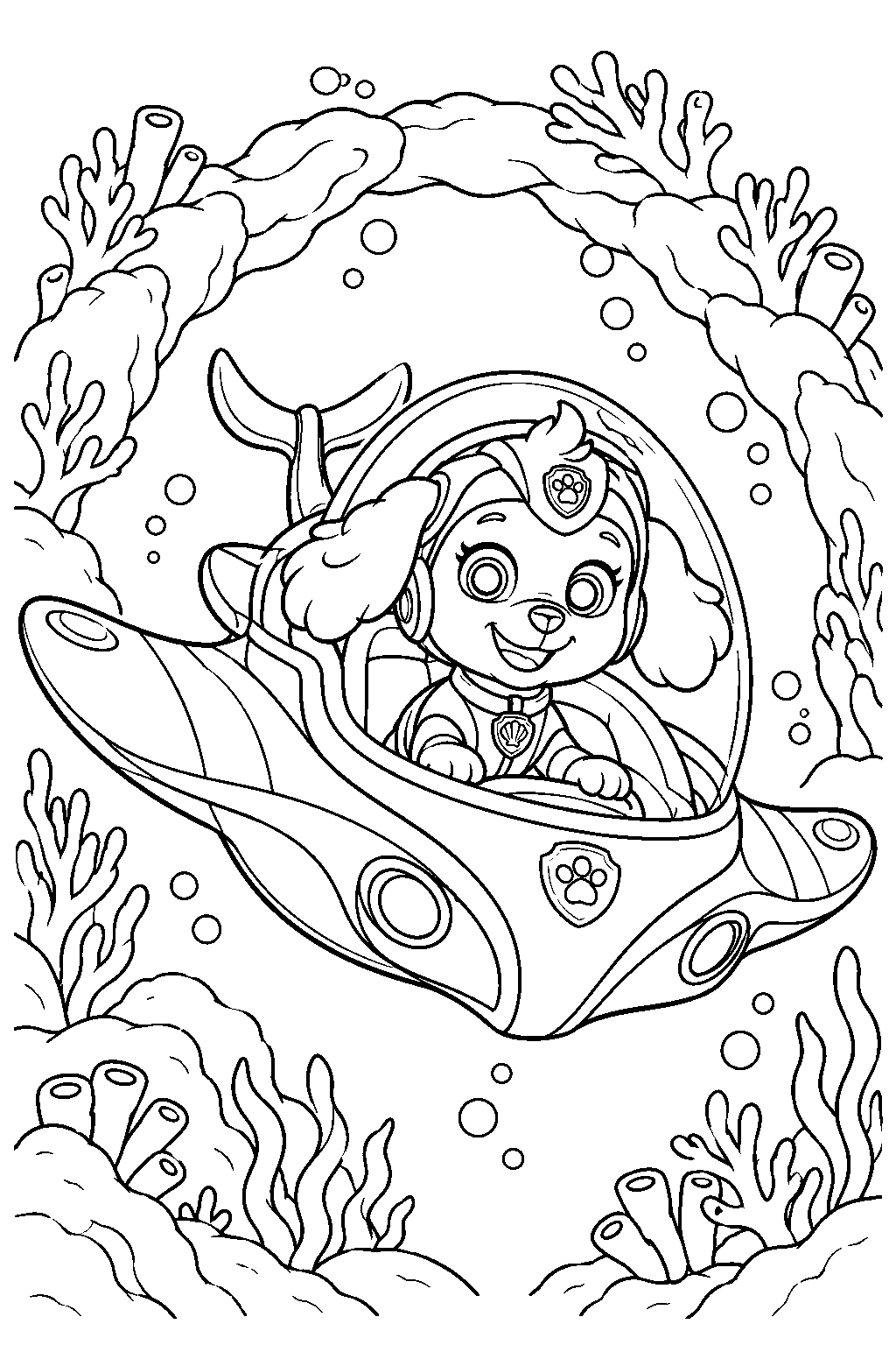 paw patrol skye in her aqua pups suit piloting her manta ray submarine through a coral arch line art