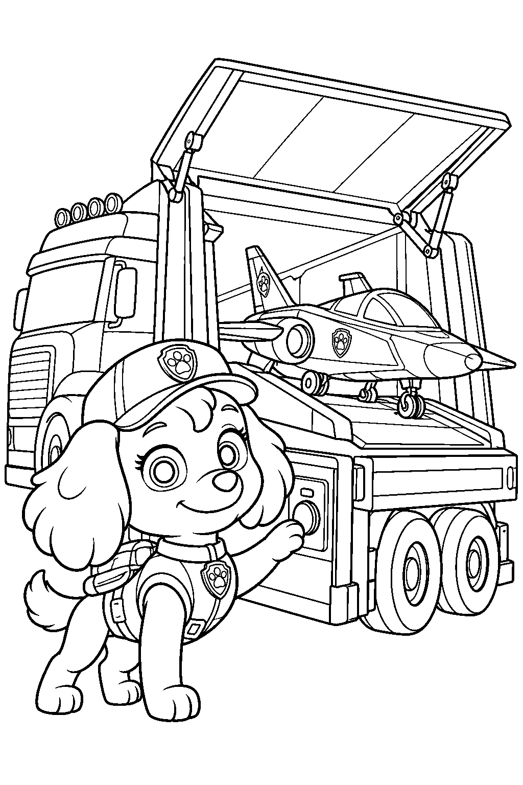 paw patrol skye in her big truck pups uniform opening her truck trailer to launch her rescue jet line art