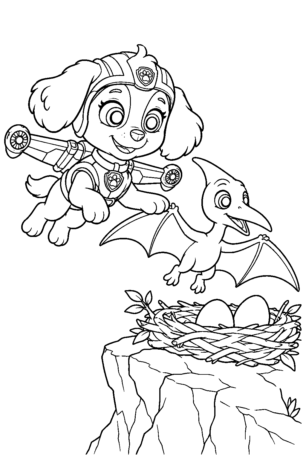 paw patrol skye in her dino rescue suit helping a baby pterodactyl reach its nest line art