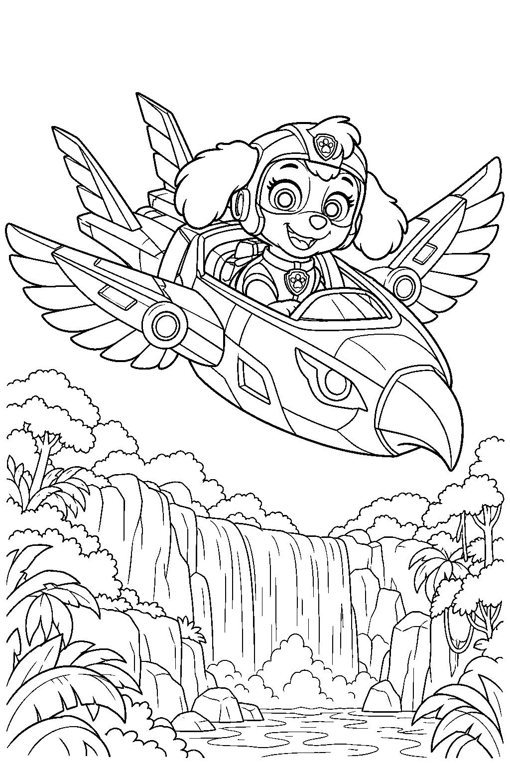 paw patrol skye in her jungle pups uniform flying her falcon jet above a jungle waterfall line art