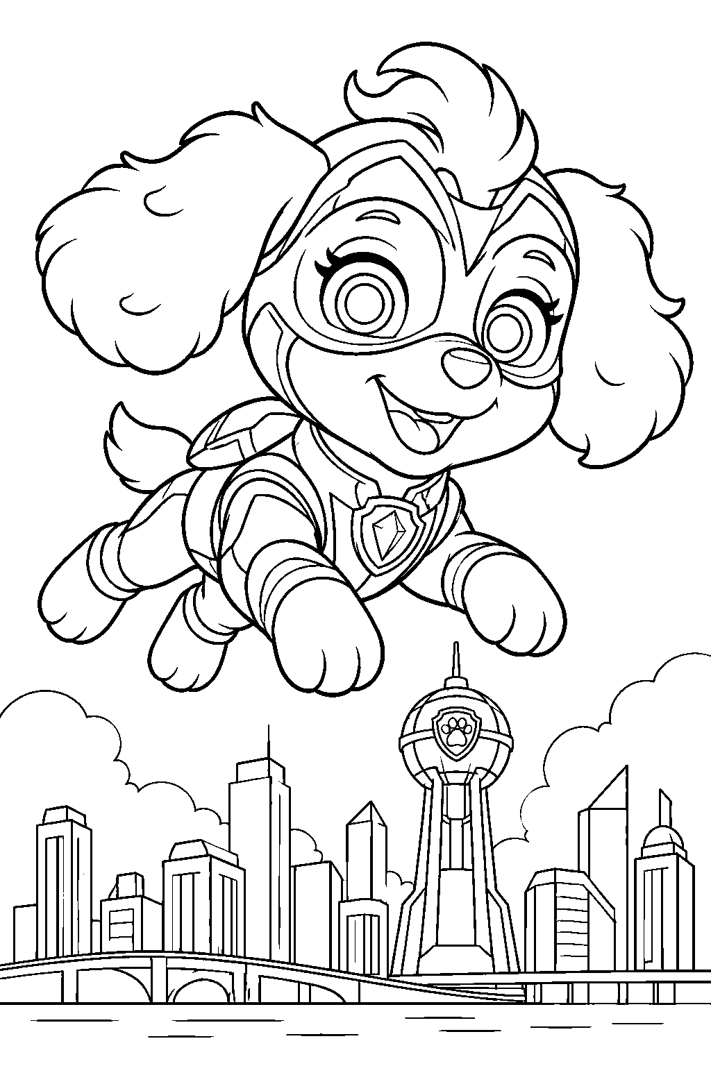 paw patrol skye in her mighty movie suit flying above the adventure city skyline line art