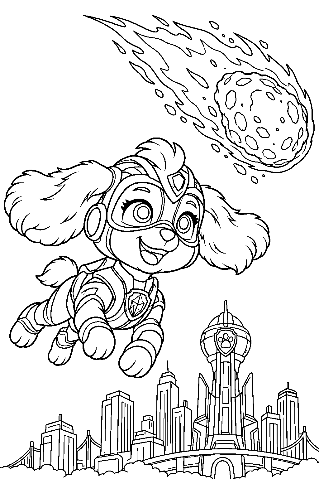 paw patrol skye in her mighty movie suit flying toward a meteor to save adventure city line art