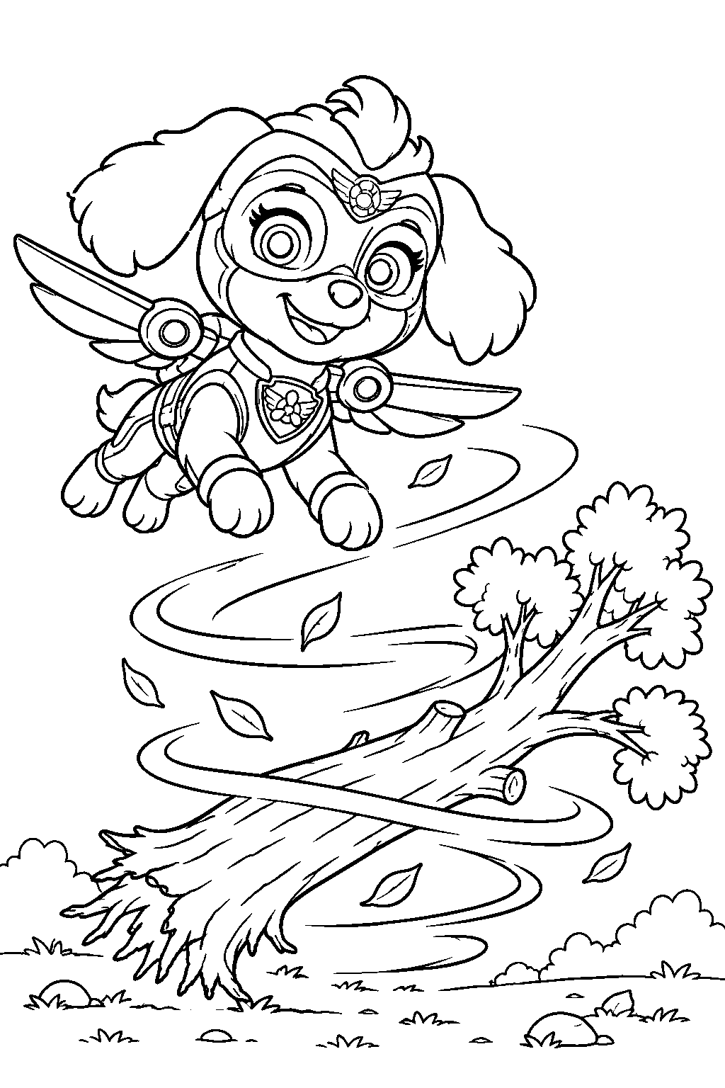paw patrol skye in her mighty pups suit creating a whirlwind to lift a fallen tree line art