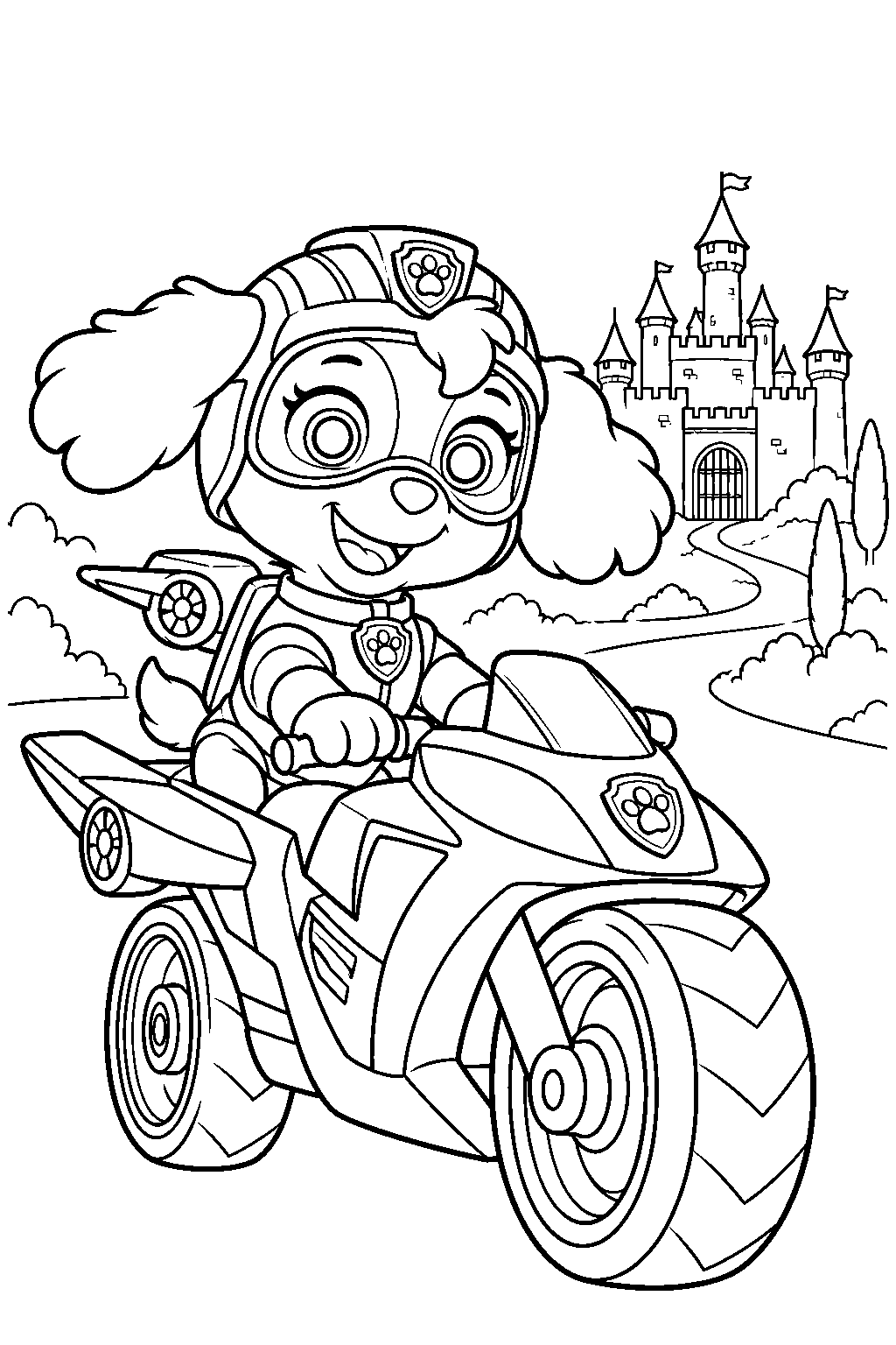paw patrol skye in her mission paw suit riding her sky cycle toward barkingburg castle line art