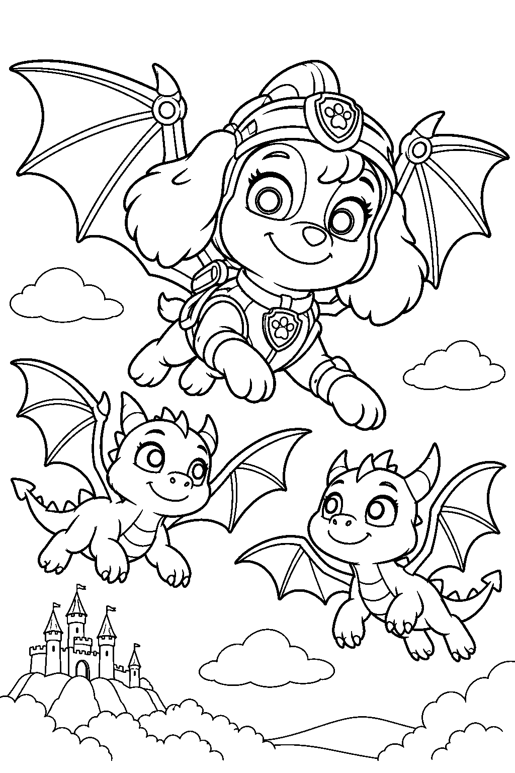 paw patrol skye in her rescue knights armor teaching baby dragons to fly with her dragon wings line art