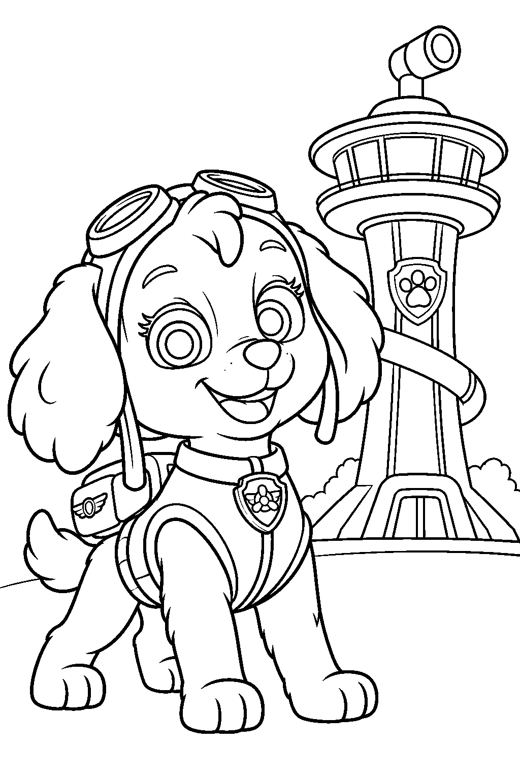 paw patrol skye in her rescue uniform beside the lookout tower line art