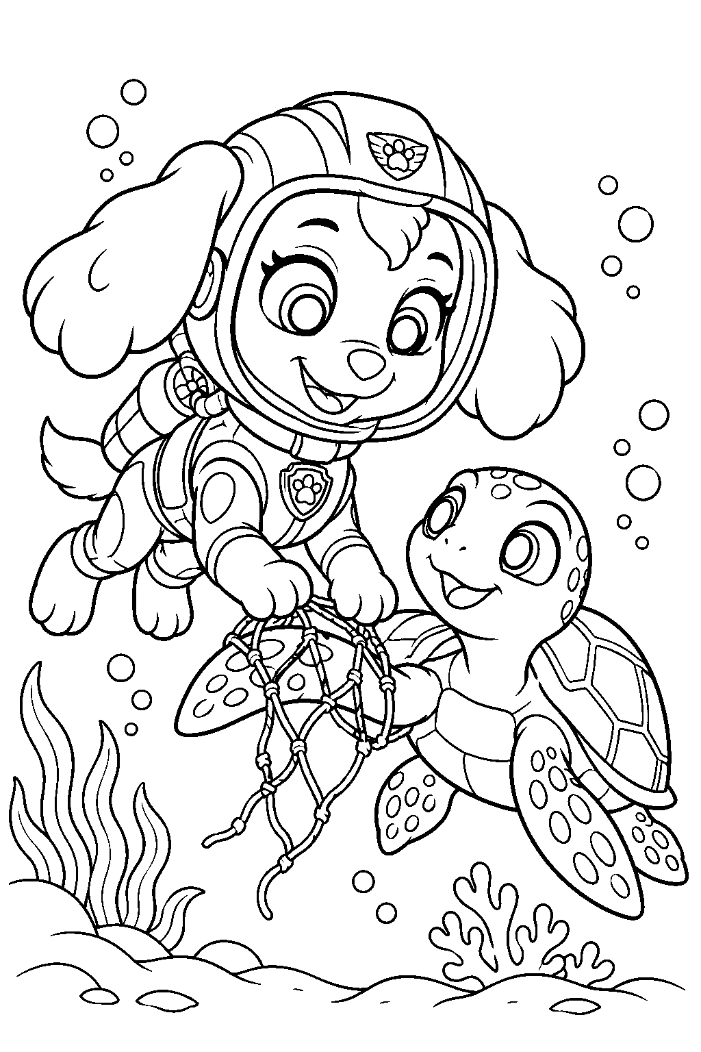 paw patrol skye in her sea patrol scuba suit ing a sea turtle from a tangled net line art