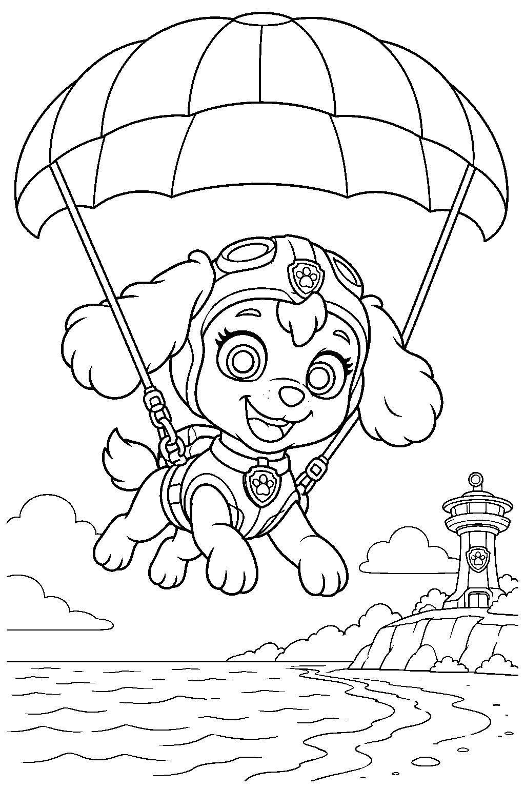 paw patrol skye in her sea patrol suit parasailing above adventure beach line art