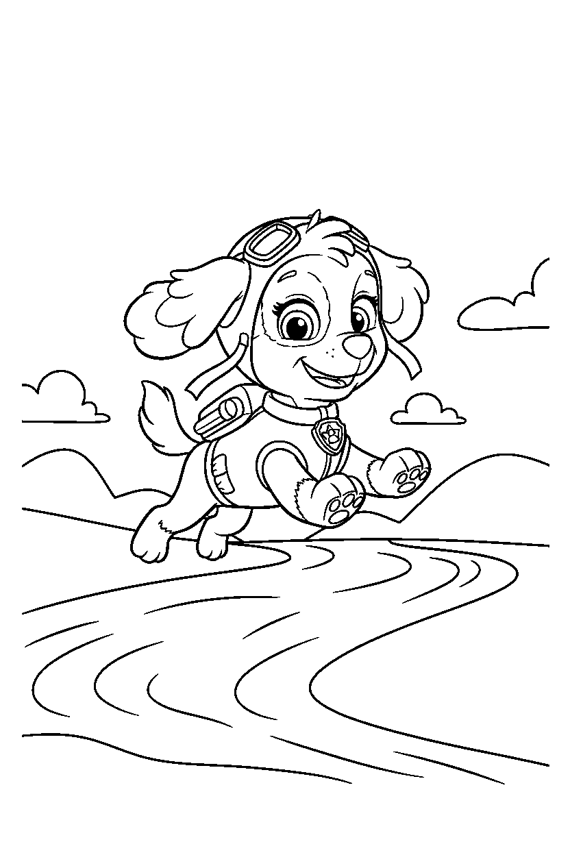 paw patrol skye jumping by river line art