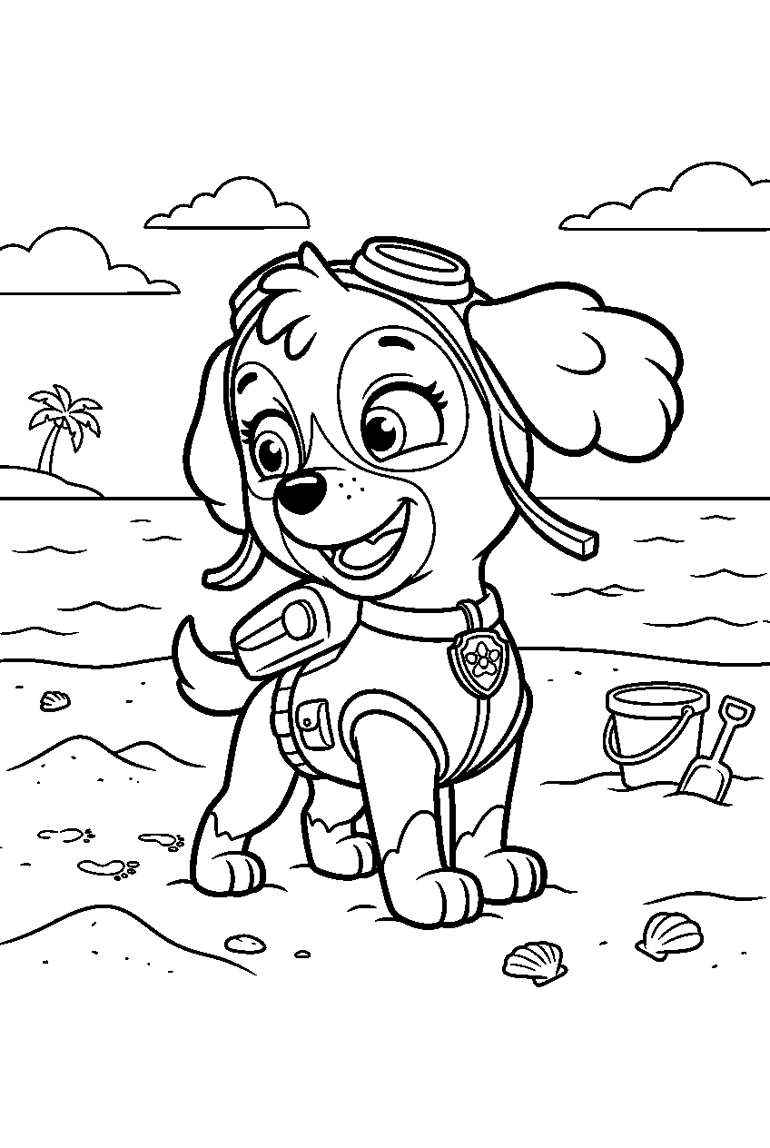 paw patrol skye looking around on sandy beach line art