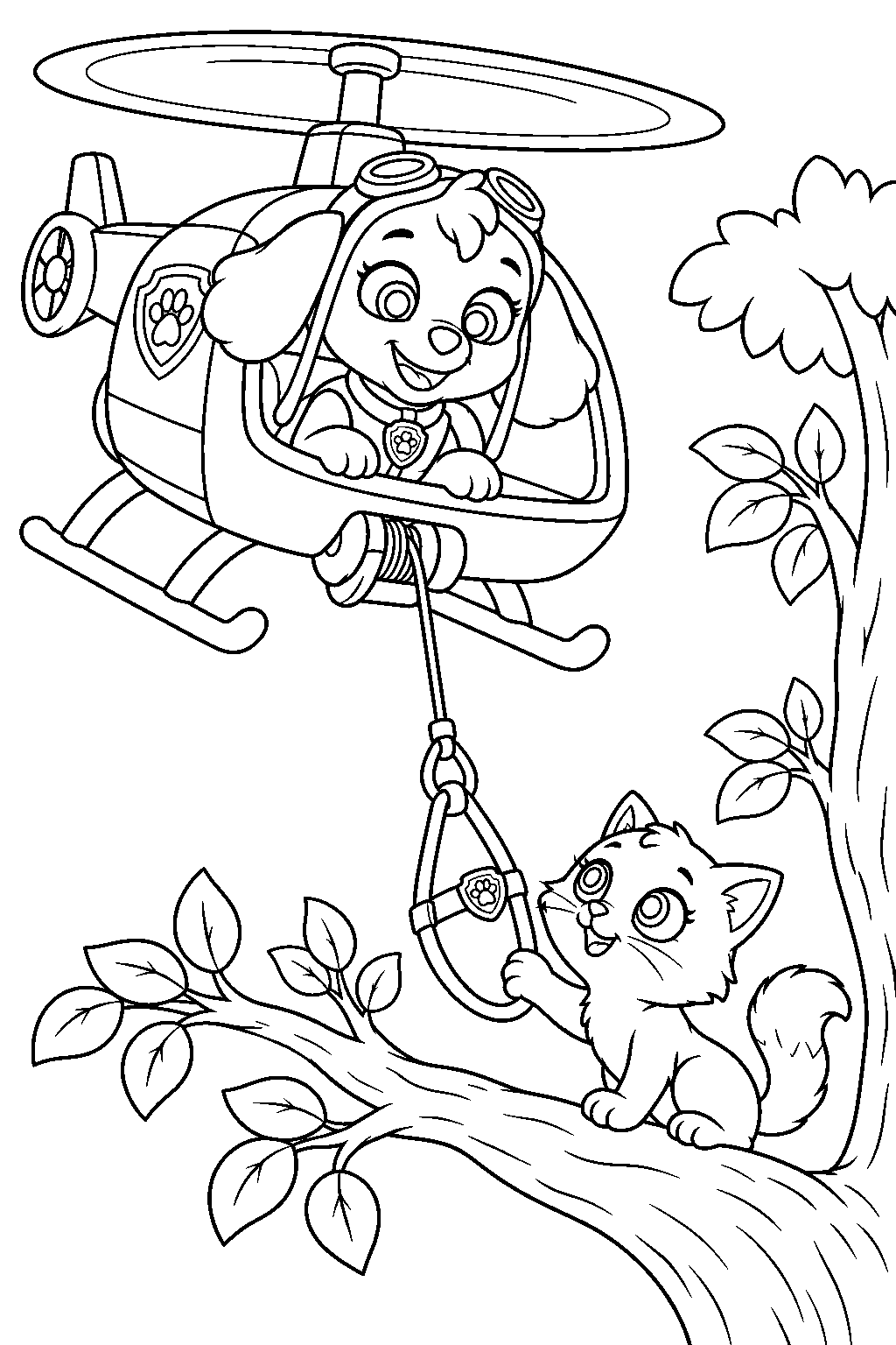paw patrol skye lowering her helicopter rescue harness to a kitten stranded in a tree line art