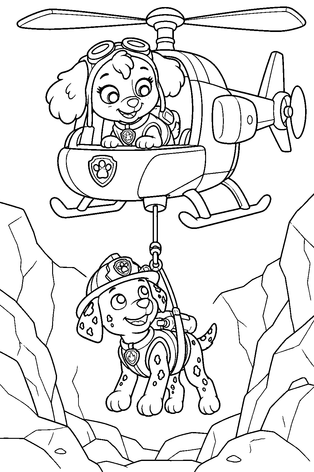 paw patrol skye lowering marshall into a cave opening with her helicopter harness line art