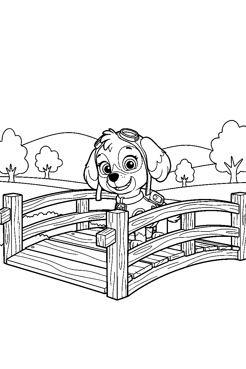 paw patrol skye observing on wooden bridge line art