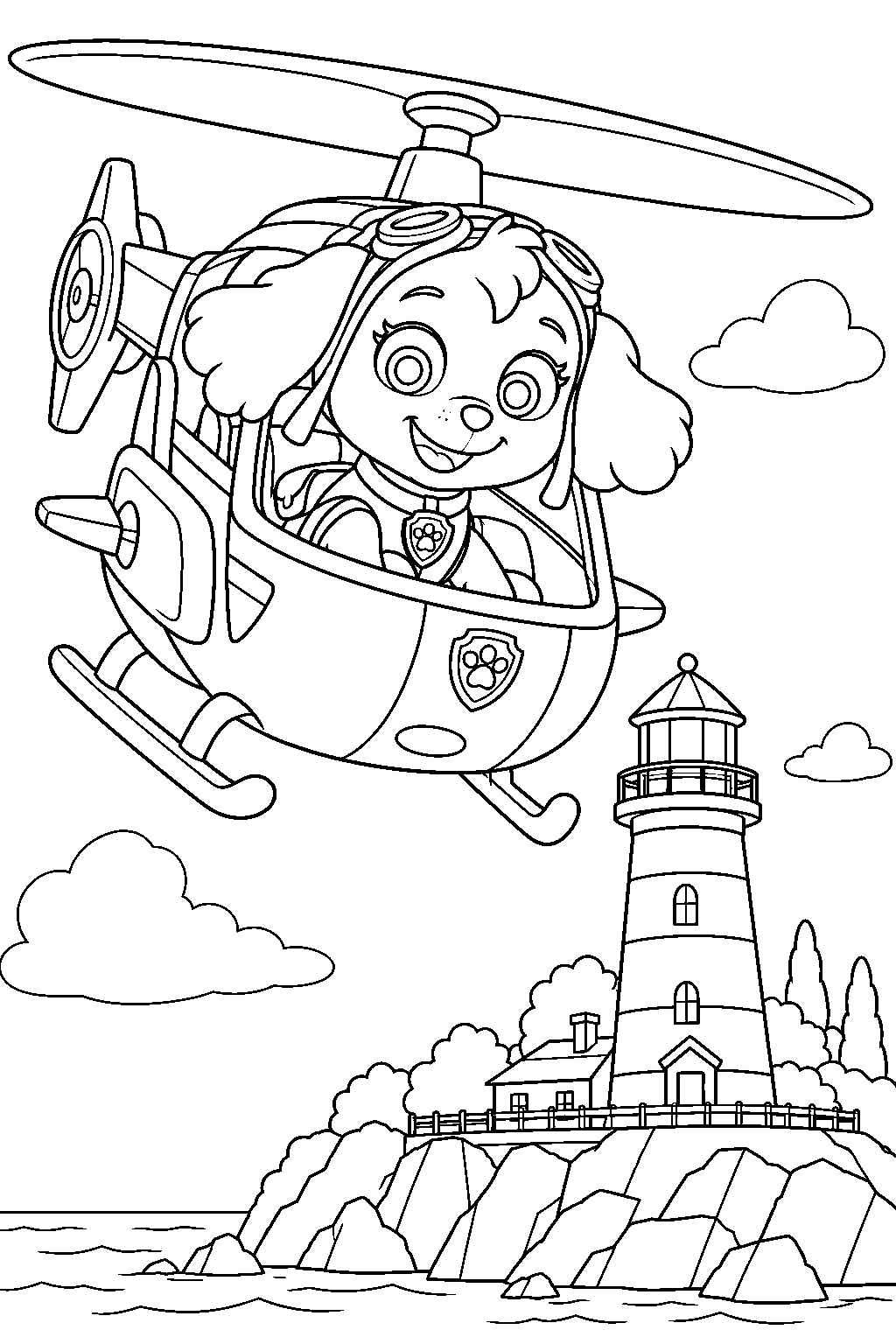 paw patrol skye piloting her helicopter above the adventure bay lighthouse line art