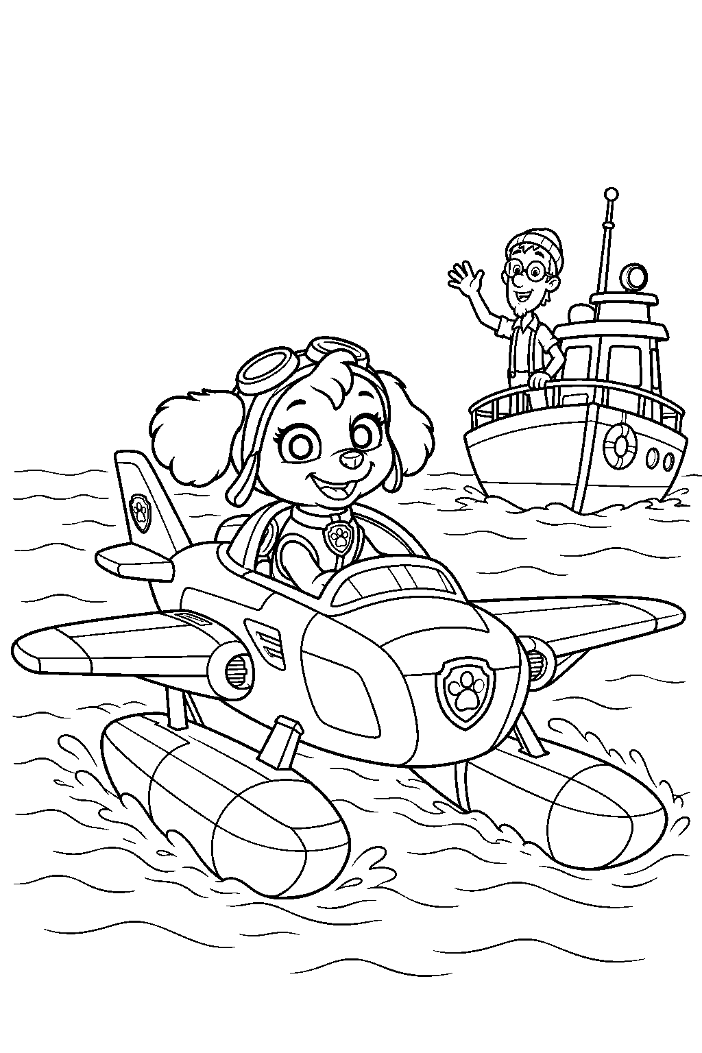 paw patrol skye piloting her sea patrol seaplane beside cap n turbot s boat line art