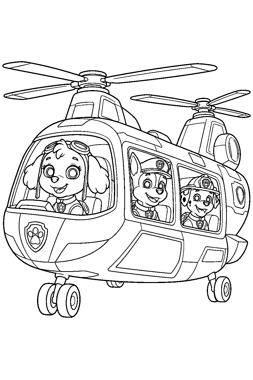 paw patrol skye piloting her ultimate rescue tandem rotor helicopter with chase and marshall line art