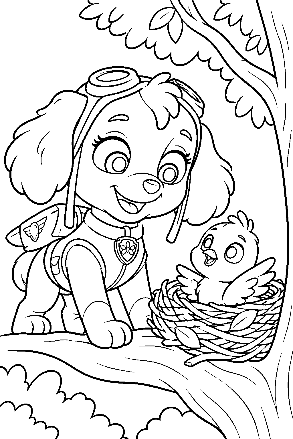 paw patrol skye returning a lost baby bird to its nest line art