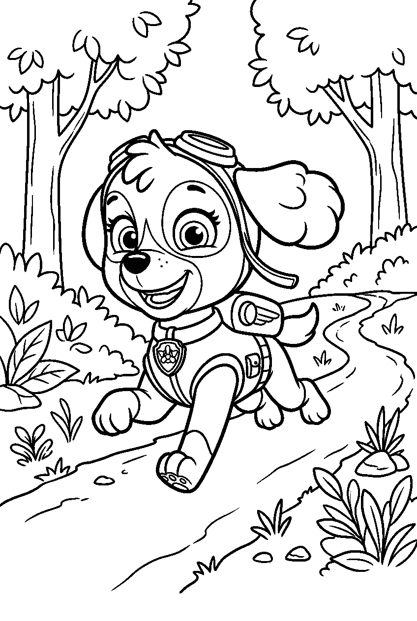 paw patrol skye running in forest trail line art