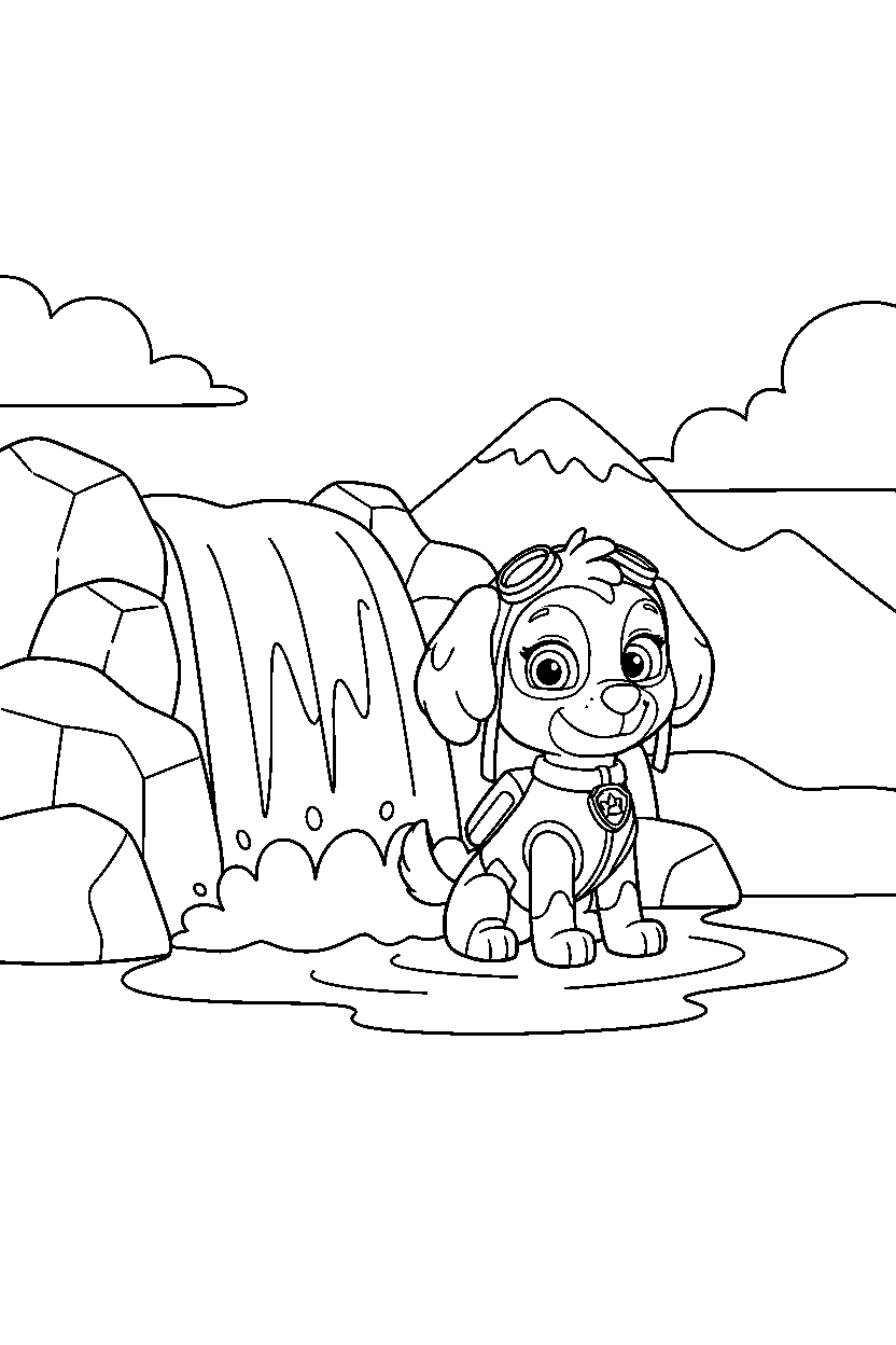 paw patrol skye sitting by waterfall line art