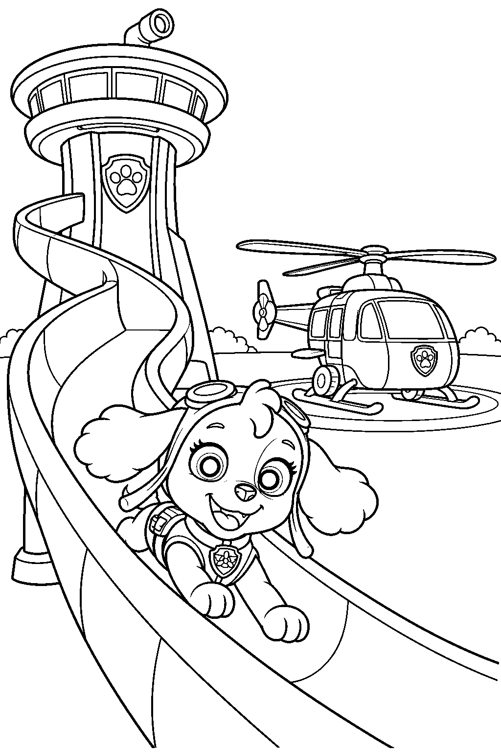 paw patrol skye sliding down the lookout tower slide toward her helicopter line art