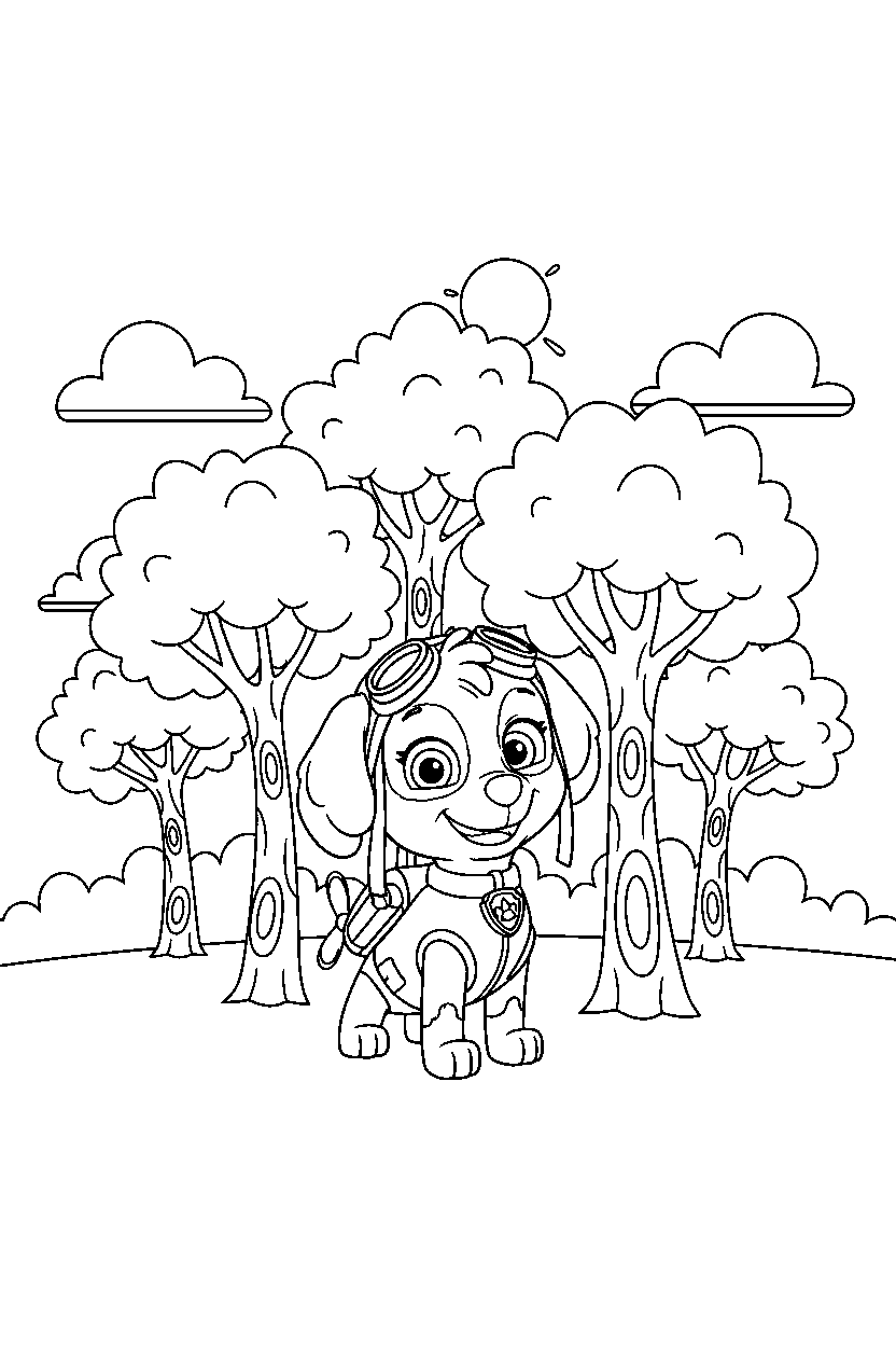 paw patrol skye smiling in trees line art