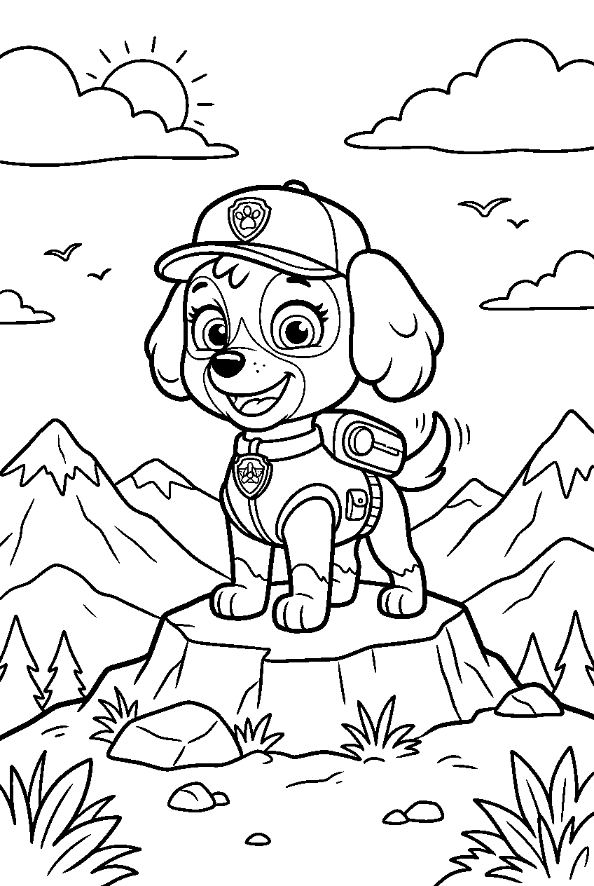 paw patrol skye smiling on mountain line art