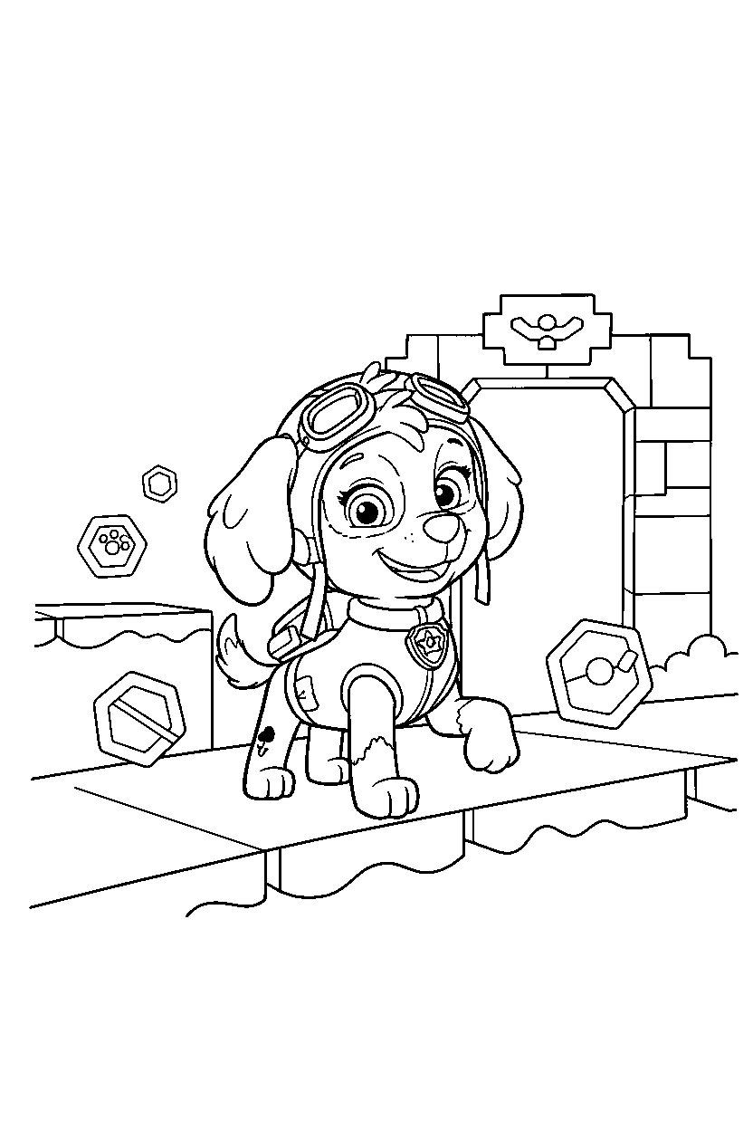 paw patrol skye standing confidently in game world line art